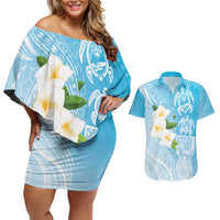 Personalized Guam Chamorro Couples Matching Off Shoulder Short Dress and Hawaiian Shirt Turtles and Guasali Flowers LT7 Turquoise - Polynesian Pride