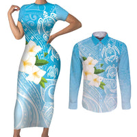 Personalized Guam Chamorro Couples Matching Short Sleeve Bodycon Dress and Long Sleeve Button Shirt Turtles and Guasali Flowers LT7 Turquoise - Polynesian Pride