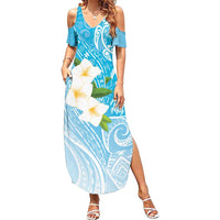 Personalized Guam Chamorro Family Matching Summer Maxi Dress and Hawaiian Shirt Turtles and Guasali Flowers LT7 Mom's Dress Turquoise - Polynesian Pride