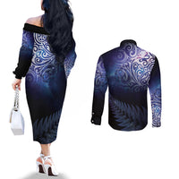 New Zealand Aotearoa Matariki Couples Matching Off The Shoulder Long Sleeve Dress and Long Sleeve Button Shirt Starry Silver Fern LT7 - Polynesian Pride