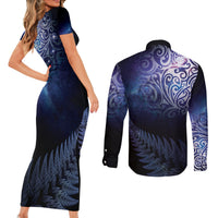New Zealand Aotearoa Matariki Couples Matching Short Sleeve Bodycon Dress and Long Sleeve Button Shirt Starry Silver Fern LT7 - Polynesian Pride