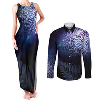 New Zealand Aotearoa Matariki Couples Matching Tank Maxi Dress and Long Sleeve Button Shirt Starry Silver Fern LT7 Galaxy - Polynesian Pride