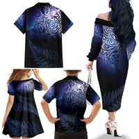 New Zealand Aotearoa Matariki Family Matching Off The Shoulder Long Sleeve Dress and Hawaiian Shirt Starry Silver Fern LT7 - Polynesian Pride