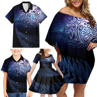 New Zealand Aotearoa Matariki Family Matching Off Shoulder Short Dress and Hawaiian Shirt Starry Silver Fern LT7 - Polynesian Pride