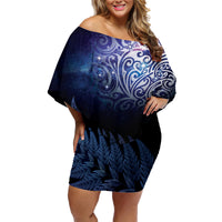 New Zealand Aotearoa Matariki Family Matching Off Shoulder Short Dress and Hawaiian Shirt Starry Silver Fern LT7 Mom's Dress Galaxy - Polynesian Pride