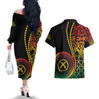 Proudly Ni-Van Sandroing Inspired Classic Style Couples Matching Off The Shoulder Long Sleeve Dress and Hawaiian Shirt LT7 - Polynesian Pride