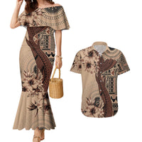 Bula Fiji Couples Matching Mermaid Dress and Hawaiian Shirt Shark Tail Beige Masi Tapa LT7 Beige - Polynesian Pride