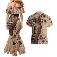Bula Fiji Couples Matching Mermaid Dress and Hawaiian Shirt Shark Tail Beige Masi Tapa LT7 - Polynesian Pride