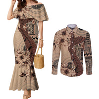 Bula Fiji Couples Matching Mermaid Dress and Long Sleeve Button Shirt Shark Tail Beige Masi Tapa LT7 Beige - Polynesian Pride