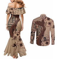 Bula Fiji Couples Matching Mermaid Dress and Long Sleeve Button Shirt Shark Tail Beige Masi Tapa LT7 - Polynesian Pride