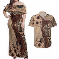 Bula Fiji Couples Matching Off Shoulder Maxi Dress and Hawaiian Shirt Shark Tail Beige Masi Tapa LT7 Beige - Polynesian Pride