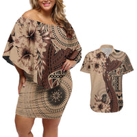 Bula Fiji Couples Matching Off Shoulder Short Dress and Hawaiian Shirt Shark Tail Beige Masi Tapa LT7 Beige - Polynesian Pride