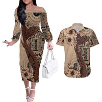 Bula Fiji Couples Matching Off The Shoulder Long Sleeve Dress and Hawaiian Shirt Shark Tail Beige Masi Tapa LT7 Beige - Polynesian Pride