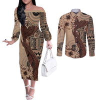 Bula Fiji Couples Matching Off The Shoulder Long Sleeve Dress and Long Sleeve Button Shirt Shark Tail Beige Masi Tapa LT7 Beige - Polynesian Pride