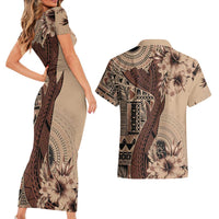 Bula Fiji Couples Matching Short Sleeve Bodycon Dress and Hawaiian Shirt Shark Tail Beige Masi Tapa LT7 - Polynesian Pride