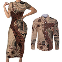 Bula Fiji Couples Matching Short Sleeve Bodycon Dress and Long Sleeve Button Shirt Shark Tail Beige Masi Tapa LT7 Beige - Polynesian Pride