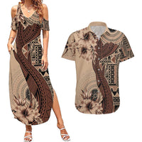 Bula Fiji Couples Matching Summer Maxi Dress and Hawaiian Shirt Shark Tail Beige Masi Tapa LT7 Beige - Polynesian Pride