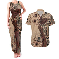 Bula Fiji Couples Matching Tank Maxi Dress and Hawaiian Shirt Shark Tail Beige Masi Tapa LT7 Beige - Polynesian Pride