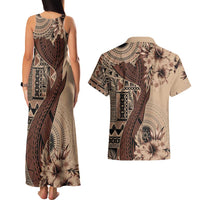 Bula Fiji Couples Matching Tank Maxi Dress and Hawaiian Shirt Shark Tail Beige Masi Tapa LT7 - Polynesian Pride