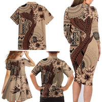 Bula Fiji Family Matching Long Sleeve Bodycon Dress and Hawaiian Shirt Shark Tail Beige Masi Tapa LT7 - Polynesian Pride