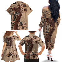 Bula Fiji Family Matching Off The Shoulder Long Sleeve Dress and Hawaiian Shirt Shark Tail Beige Masi Tapa LT7 - Polynesian Pride