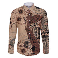 Bula Fiji Family Matching Off Shoulder Maxi Dress and Hawaiian Shirt Shark Tail Beige Masi Tapa LT7 Dad's Shirt - Long Sleeve Beige - Polynesian Pride