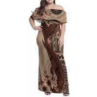 Bula Fiji Family Matching Off Shoulder Maxi Dress and Hawaiian Shirt Shark Tail Beige Masi Tapa LT7 Mom's Dress Beige - Polynesian Pride