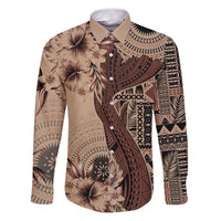 Bula Fiji Family Matching Puletasi and Hawaiian Shirt Shark Tail Beige Masi Tapa LT7 Dad's Shirt - Long Sleeve Beige - Polynesian Pride