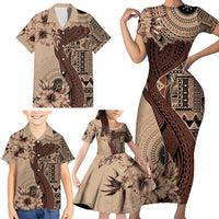 Bula Fiji Family Matching Short Sleeve Bodycon Dress and Hawaiian Shirt Shark Tail Beige Masi Tapa LT7 - Polynesian Pride