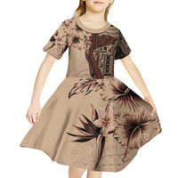 Bula Fiji Kid Short Sleeve Dress Shark Tail Beige Masi Tapa