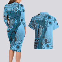 Bula Fiji Couples Matching Long Sleeve Bodycon Dress and Hawaiian Shirt Shark Tail Turquoise Masi Tapa LT7 - Polynesian Pride