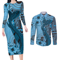 Bula Fiji Couples Matching Long Sleeve Bodycon Dress and Long Sleeve Button Shirt Shark Tail Turquoise Masi Tapa LT7 Turquoise - Polynesian Pride