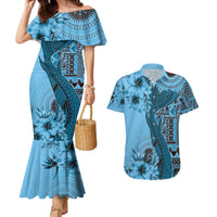 Bula Fiji Couples Matching Mermaid Dress and Hawaiian Shirt Shark Tail Turquoise Masi Tapa LT7 Turquoise - Polynesian Pride