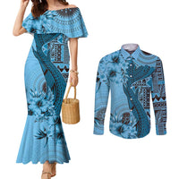Bula Fiji Couples Matching Mermaid Dress and Long Sleeve Button Shirt Shark Tail Turquoise Masi Tapa LT7 Turquoise - Polynesian Pride