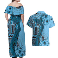 Bula Fiji Couples Matching Off Shoulder Maxi Dress and Hawaiian Shirt Shark Tail Turquoise Masi Tapa LT7 - Polynesian Pride