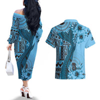 Bula Fiji Couples Matching Off The Shoulder Long Sleeve Dress and Hawaiian Shirt Shark Tail Turquoise Masi Tapa LT7 - Polynesian Pride