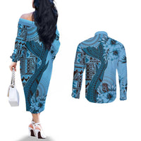 Bula Fiji Couples Matching Off The Shoulder Long Sleeve Dress and Long Sleeve Button Shirt Shark Tail Turquoise Masi Tapa LT7 - Polynesian Pride