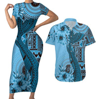 Bula Fiji Couples Matching Short Sleeve Bodycon Dress and Hawaiian Shirt Shark Tail Turquoise Masi Tapa LT7 Turquoise - Polynesian Pride