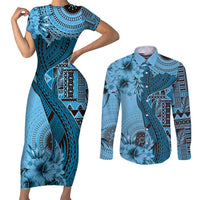 Bula Fiji Couples Matching Short Sleeve Bodycon Dress and Long Sleeve Button Shirt Shark Tail Turquoise Masi Tapa LT7 Turquoise - Polynesian Pride