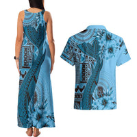 Bula Fiji Couples Matching Tank Maxi Dress and Hawaiian Shirt Shark Tail Turquoise Masi Tapa LT7 - Polynesian Pride