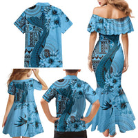 Bula Fiji Family Matching Mermaid Dress and Hawaiian Shirt Shark Tail Turquoise Masi Tapa LT7 - Polynesian Pride