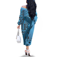 Bula Fiji Family Matching Off The Shoulder Long Sleeve Dress and Hawaiian Shirt Shark Tail Turquoise Masi Tapa LT7 - Polynesian Pride