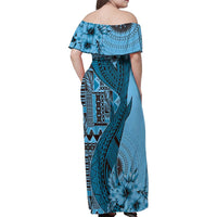 Bula Fiji Family Matching Off Shoulder Maxi Dress and Hawaiian Shirt Shark Tail Turquoise Masi Tapa LT7 - Polynesian Pride