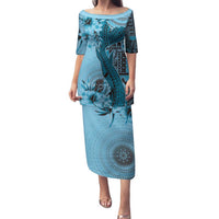 Bula Fiji Family Matching Puletasi and Hawaiian Shirt Shark Tail Turquoise Masi Tapa LT7 Mom's Dress Turquoise - Polynesian Pride