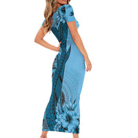Bula Fiji Family Matching Short Sleeve Bodycon Dress and Hawaiian Shirt Shark Tail Turquoise Masi Tapa LT7 - Polynesian Pride
