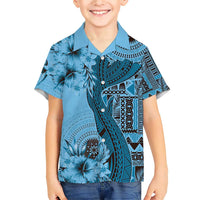 Bula Fiji Family Matching Short Sleeve Bodycon Dress and Hawaiian Shirt Shark Tail Turquoise Masi Tapa LT7 Son's Shirt Turquoise - Polynesian Pride