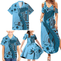Bula Fiji Family Matching Summer Maxi Dress and Hawaiian Shirt Shark Tail Turquoise Masi Tapa LT7 - Polynesian Pride