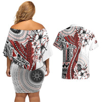 Bula Fiji Couples Matching Off Shoulder Short Dress and Hawaiian Shirt Shark Tail White Masi Tapa LT7 - Polynesian Pride