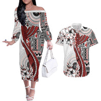 Bula Fiji Couples Matching Off The Shoulder Long Sleeve Dress and Hawaiian Shirt Shark Tail White Masi Tapa LT7 White - Polynesian Pride