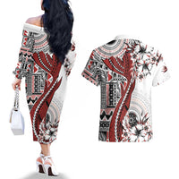 Bula Fiji Couples Matching Off The Shoulder Long Sleeve Dress and Hawaiian Shirt Shark Tail White Masi Tapa LT7 - Polynesian Pride